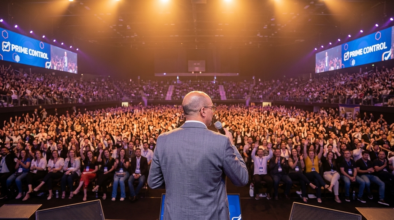 Marcelo Romeiro, mestre de cerimônias, no palco de convenção da Prime Control diante de plateia lotada