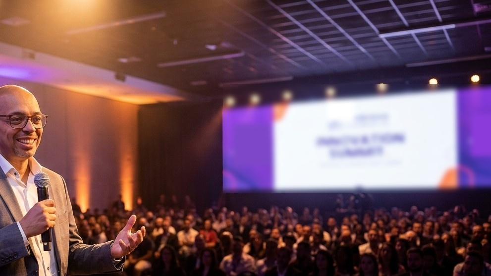 Marcelo Romeiro — Condução e presença no palco de convenção corporativa com grande plateia